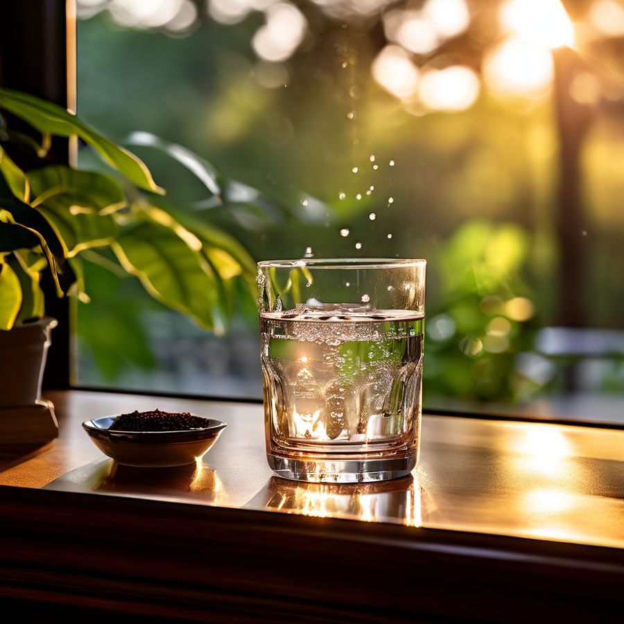A reusable water bottle standing on a windowsill with soft daylight behind it