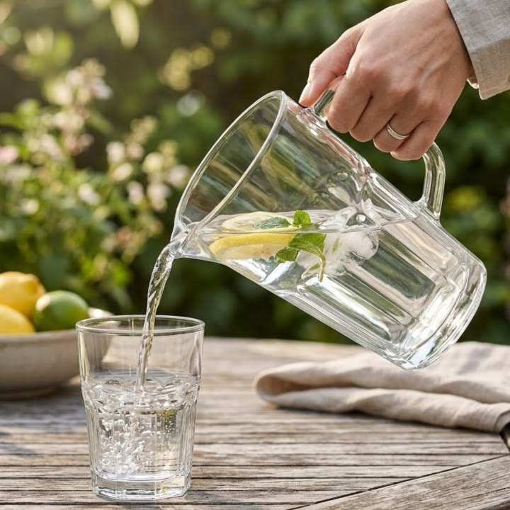 A glass jug of water with two empty glasses arranged on a light table